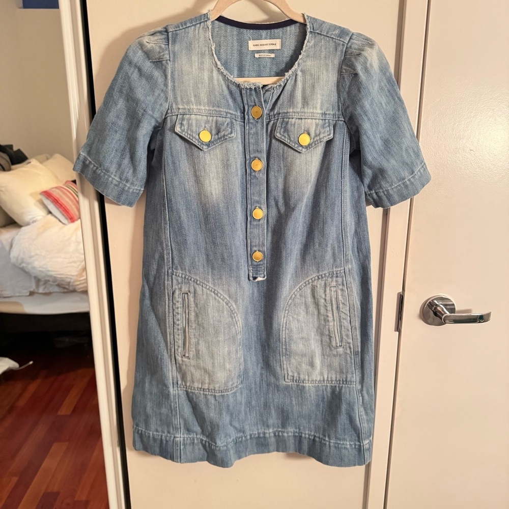 Isabel Marant Etoile Oriane Denim Mini Dress Blue Size 34 Short Sleeve Shift - Picture 4 of 9